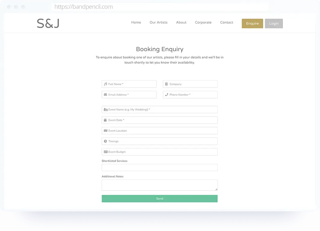 Example of lead capture form for band management software