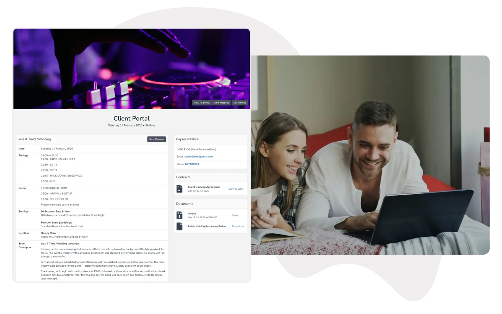 Band Pencil Member Portal showing a wedding gig with availability confirmation, alongside musicians checking event details on their phones.