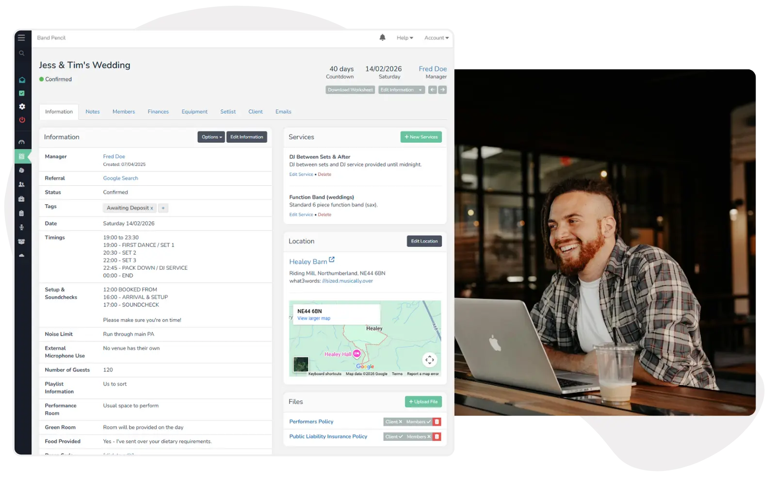 Band Pencil event management dashboard showing gig details for a wedding alongside a band leader viewing information on a laptop.