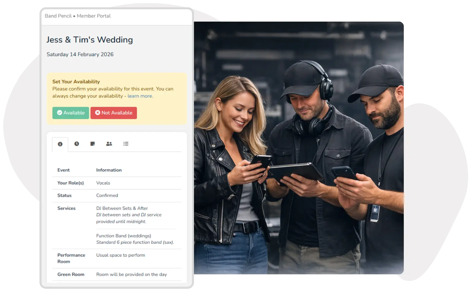 Band Pencil Client Portal showing wedding event details, contracts and documents, alongside clients reviewing information on a laptop.