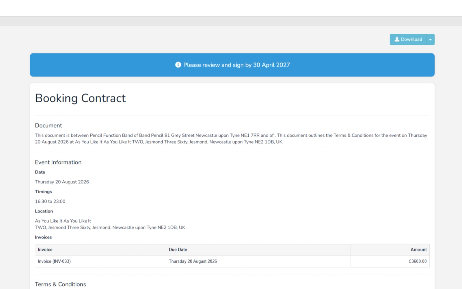 Turn your booking into a professional contract.