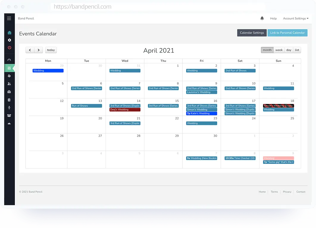 Band Pencil's DJ management software calendar for adding new gigs and viewing upcoming events