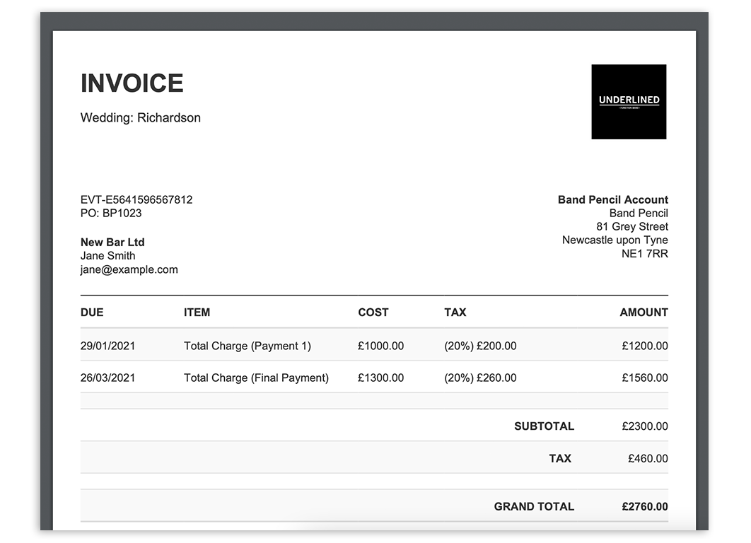 Example of a musician invoice template