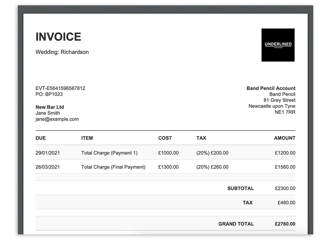 Invoice created in Band Pencil band management software