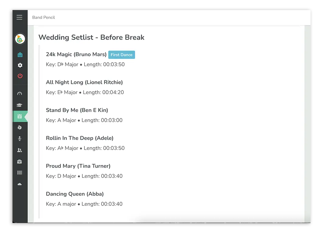 Example of setlist builder on Band Pencil